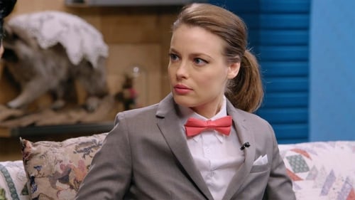 Gillian Jacobs Wears a Gray Checkered Suit and a Red Bow Tie